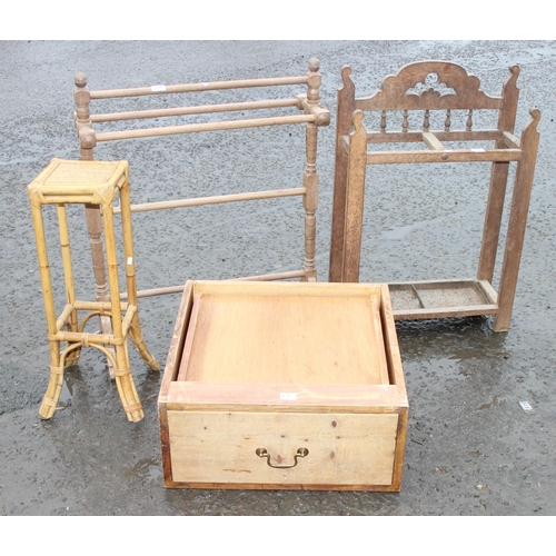 62 - A vintage oak stick stand, pine towel rail, single drawer stand and a retro bamboo plant stand (4)