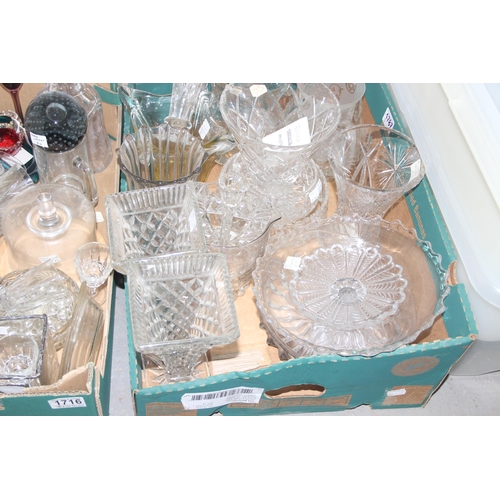 1716 - 2 boxes of assorted glassware, antique and retro pieces included