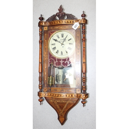 1322 - Kay's Worcester mechanical movement walnut cased wall clock with geometric inlay details, approx 90c... 