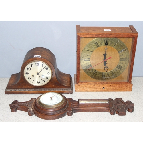 1304 - Vintage Napoleon hat oak cased mantel clock, a mercury barometer and another oak cased clock (3)