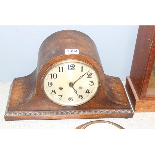 1304 - Vintage Napoleon hat oak cased mantel clock, a mercury barometer and another oak cased clock (3)