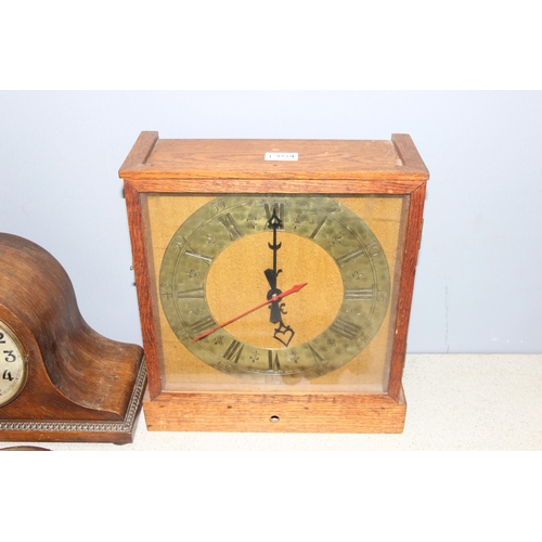 1304 - Vintage Napoleon hat oak cased mantel clock, a mercury barometer and another oak cased clock (3)