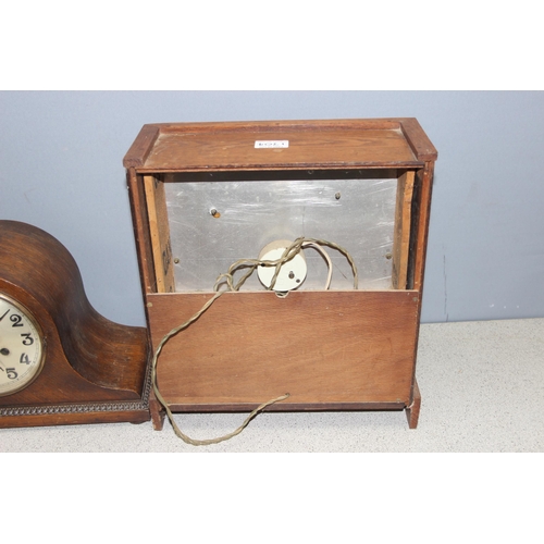 1304 - Vintage Napoleon hat oak cased mantel clock, a mercury barometer and another oak cased clock (3)