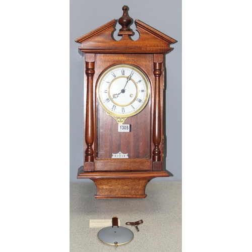 1305 - Vintage mahogany cased mechanical wall clock, approx 68cm