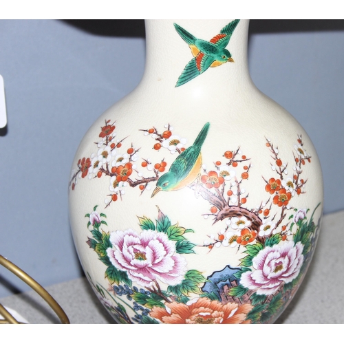 232 - Japanese Satsuma pottery lamp with birds and floral decoration, approx 67cm tall incl shade