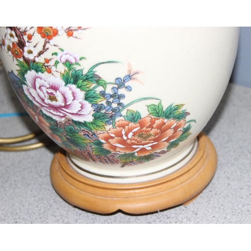 232 - Japanese Satsuma pottery lamp with birds and floral decoration, approx 67cm tall incl shade