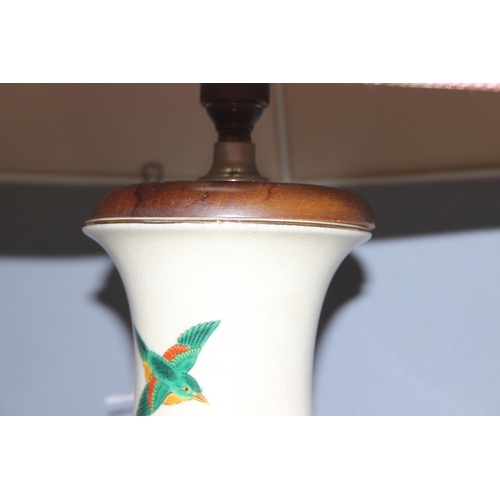 232 - Japanese Satsuma pottery lamp with birds and floral decoration, approx 67cm tall incl shade