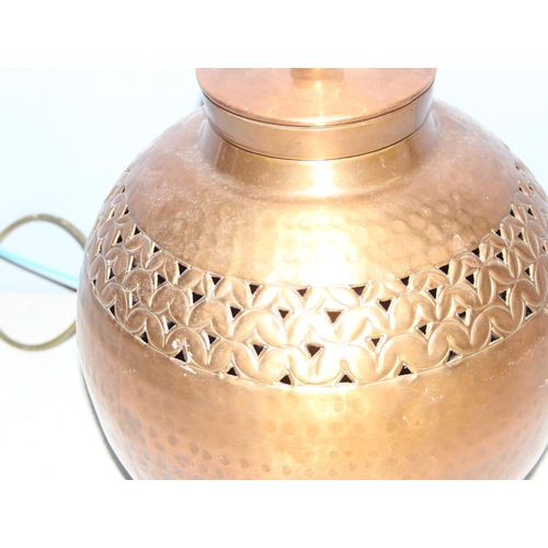 233 - North African style spherical pierced copper lamp base, approx 47cm tall