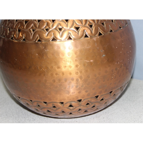 233 - North African style spherical pierced copper lamp base, approx 47cm tall