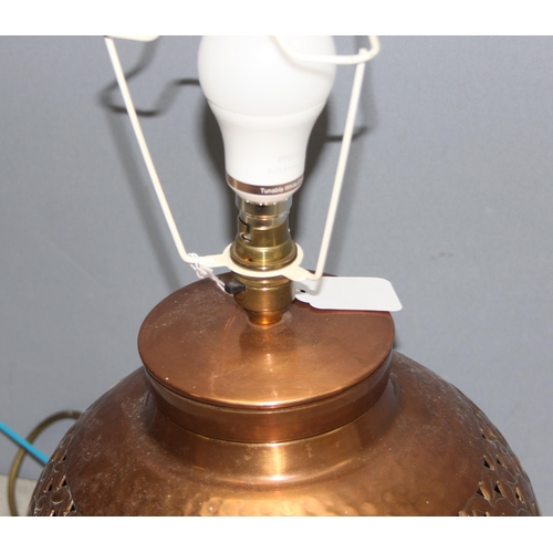 233 - North African style spherical pierced copper lamp base, approx 47cm tall