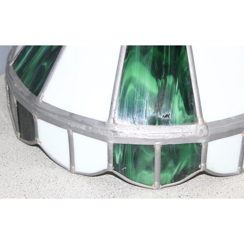 237 - Green and white leaded glass pendant light shade in the style of Tiffany, approx 25cm (40cm with fit... 