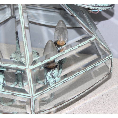 238 - Distressed Verdigris copper and glass pendant light fitting, approx 43cm tall, 46cm with the fitting
