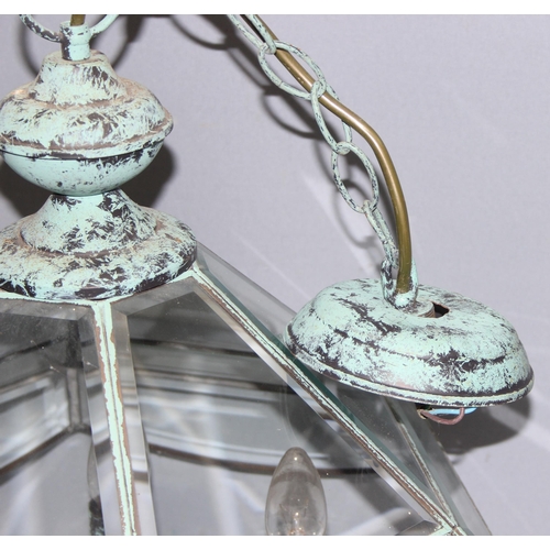 238 - Distressed Verdigris copper and glass pendant light fitting, approx 43cm tall, 46cm with the fitting