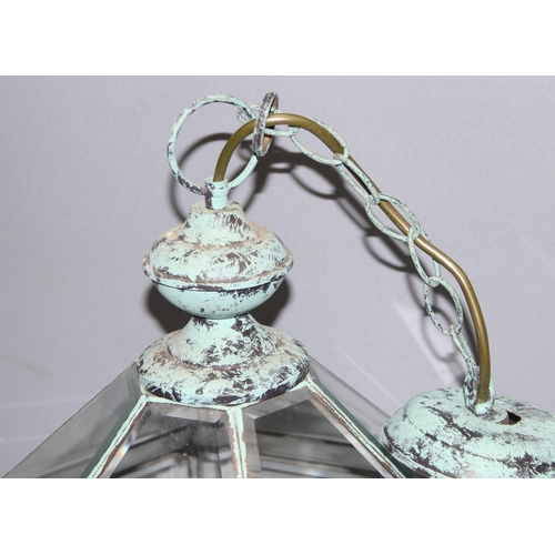 238 - Distressed Verdigris copper and glass pendant light fitting, approx 43cm tall, 46cm with the fitting