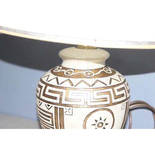 242 - 2 pottery lamps, with gilt Grecian design with shade, and one with floral decoration, tallest approx... 