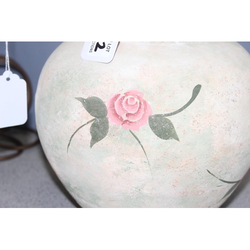 242 - 2 pottery lamps, with gilt Grecian design with shade, and one with floral decoration, tallest approx... 