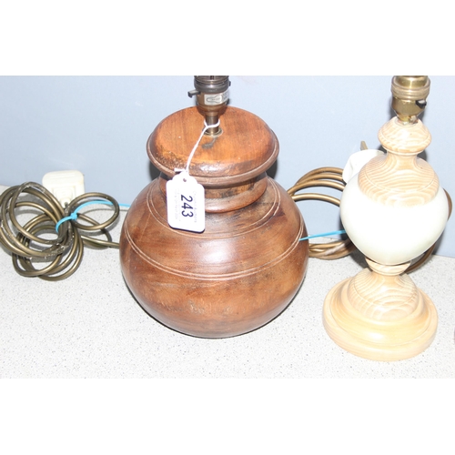 243 - 3 lamp bases to incl turned wooden example, tallest approx 30cm