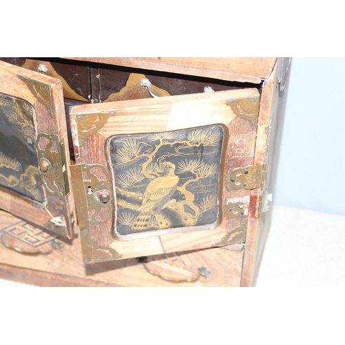 274 - Antique Japanese specimen wood inlaid table-top cabinet with drawers, with black lacquer and gilt de... 