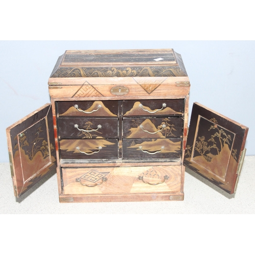 274 - Antique Japanese specimen wood inlaid table-top cabinet with drawers, with black lacquer and gilt de... 