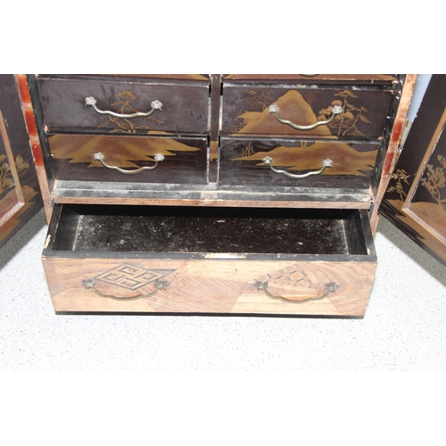 274 - Antique Japanese specimen wood inlaid table-top cabinet with drawers, with black lacquer and gilt de... 