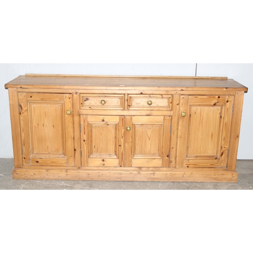 3 - Vintage pine farmhouse sideboard with 2 central drawers and 4 cupboards, brass handles, approx 205cm... 