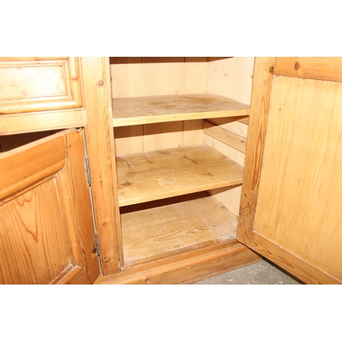 3 - Vintage pine farmhouse sideboard with 2 central drawers and 4 cupboards, brass handles, approx 205cm... 