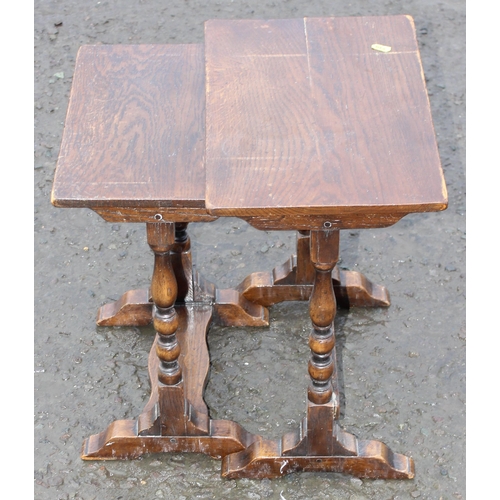 16 - 2 small vintage oak tables with bobbin turned legs, the largest approx 44cm wide x 26cm deep x 48cm ... 