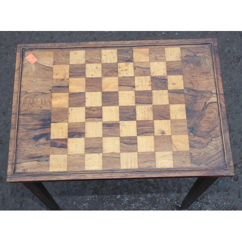 17 - An antique rosewood and satinwood inlaid chess or games table, approx 46cm wide x 33cm deep x 55cm t... 