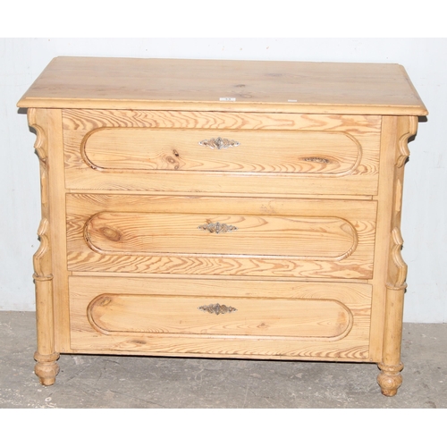 2 - An unusual antique pine 3 drawer chest of drawers, approx 100cm wide x 52cm deep x 80cm tall