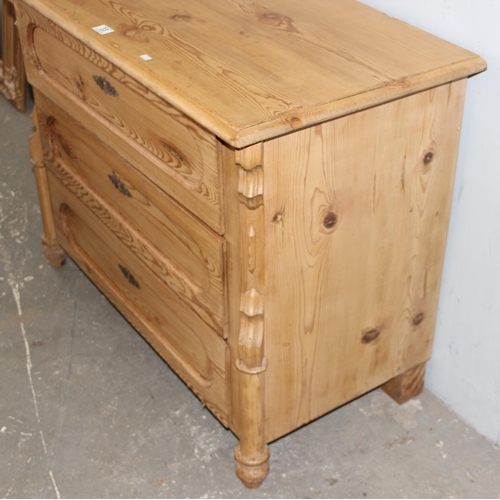 2 - An unusual antique pine 3 drawer chest of drawers, approx 100cm wide x 52cm deep x 80cm tall