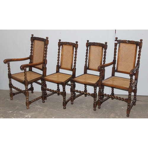 46 - A set of 4 oak and bergere chairs, 2 dining and 2 carver, with barleytwist supports, likely early 20... 