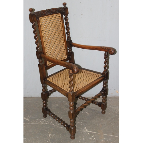 46 - A set of 4 oak and bergere chairs, 2 dining and 2 carver, with barleytwist supports, likely early 20... 