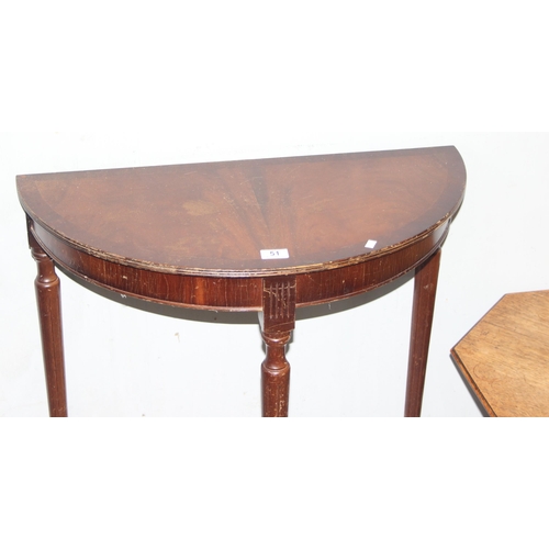 51 - An antique style mahogany demi-lune table and a small oak side table, the demi-lune approx 74cm wide... 