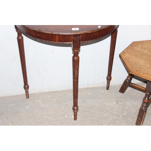 51 - An antique style mahogany demi-lune table and a small oak side table, the demi-lune approx 74cm wide... 