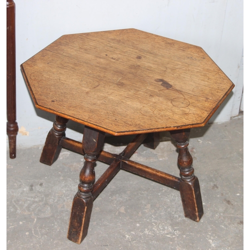 51 - An antique style mahogany demi-lune table and a small oak side table, the demi-lune approx 74cm wide... 