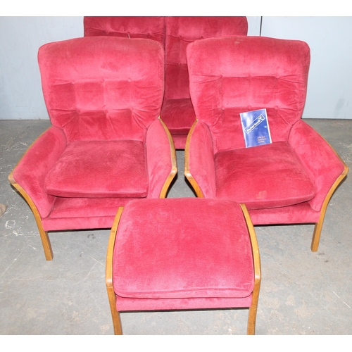 54 - A retro red upholstered Parker Knoll 3 Piece Suite with matching footstool, approx 125cm wide x 83cm... 