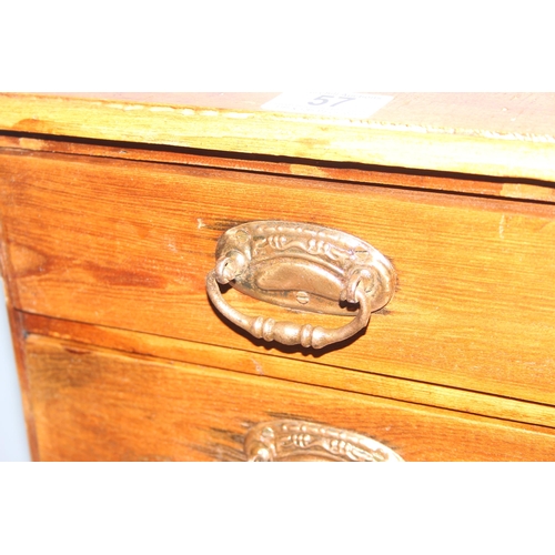 57 - A small vintage stained pine 5 drawer collectors chest with brass handles, approx 30cm wide x 17cm d... 