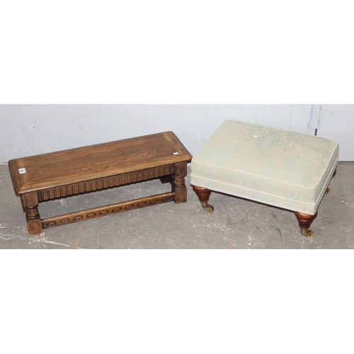 59 - A low upholstered foot stool and an oak low bench or footstool, the largest approx 75cm wide x 28cm ... 