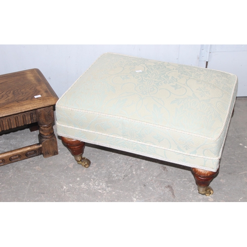 59 - A low upholstered foot stool and an oak low bench or footstool, the largest approx 75cm wide x 28cm ... 