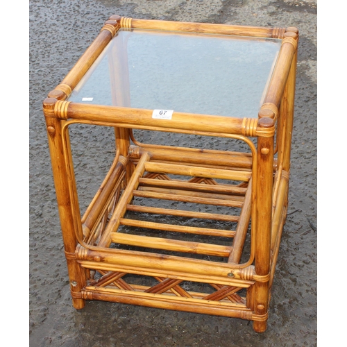 67 - A retro bamboo and glass topped side table, approx 46cm wide x 46cm deep x 56cm tall