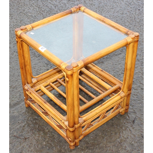 67 - A retro bamboo and glass topped side table, approx 46cm wide x 46cm deep x 56cm tall