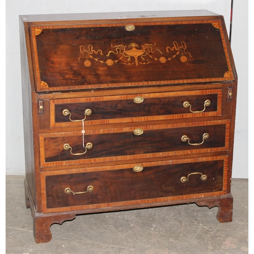 73 - A large antique Sheraton Revival inlaid bureau bookcase with astral glazed top and 3 drawer base, ap... 