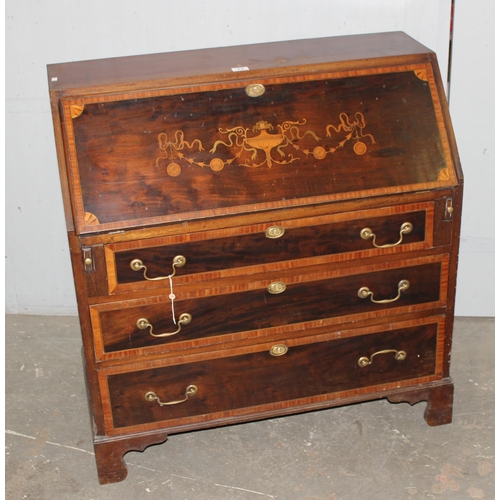 73 - A large antique Sheraton Revival inlaid bureau bookcase with astral glazed top and 3 drawer base, ap... 