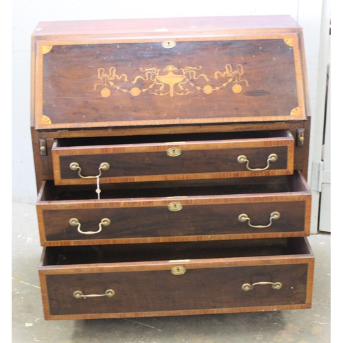 73 - A large antique Sheraton Revival inlaid bureau bookcase with astral glazed top and 3 drawer base, ap... 