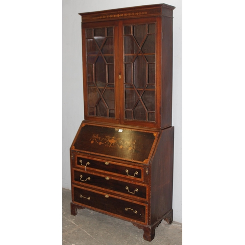 73 - A large antique Sheraton Revival inlaid bureau bookcase with astral glazed top and 3 drawer base, ap... 