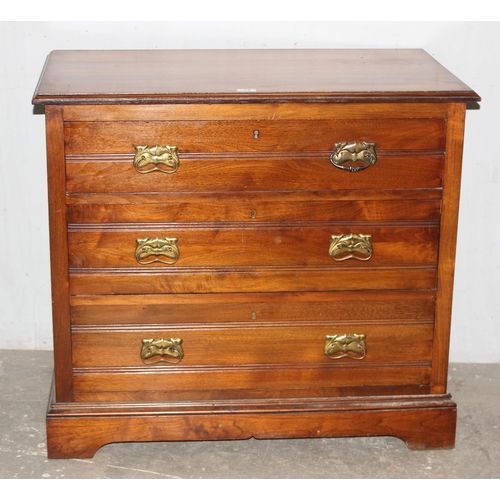 74 - An early 20th century mahogany 3 drawer chest of drawers with Art Nouveau brass handles, approx 91cm... 