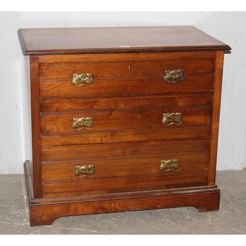 74 - An early 20th century mahogany 3 drawer chest of drawers with Art Nouveau brass handles, approx 91cm... 