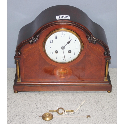 1309 - Edwardian mahogany cased mechanical mantel clock with inlaid detail, approx 24cm H