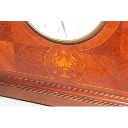 1309 - Edwardian mahogany cased mechanical mantel clock with inlaid detail, approx 24cm H