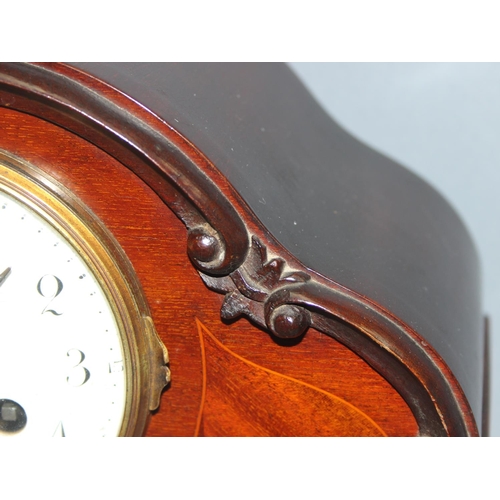 1309 - Edwardian mahogany cased mechanical mantel clock with inlaid detail, approx 24cm H